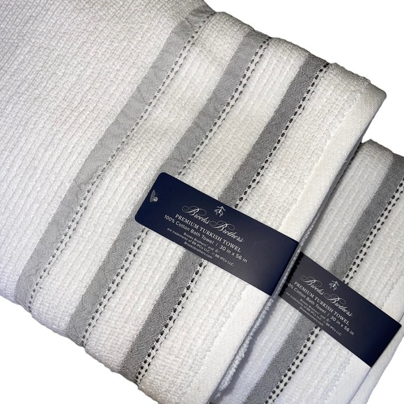 Brooks Brothers Set of 2 Turkish Bath Towels White with gray stripes NWT - Picture 1 of 6